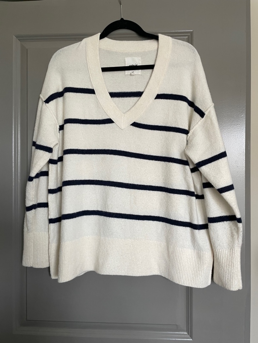 aerie Cream V-Neck Sweater with Navy Stripes